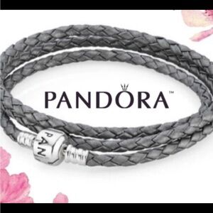 Pandora Grey Braided Double Wrap Bracelet with Silver Clasp
